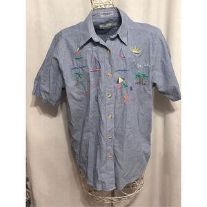 NICE WOMEN Signatures by Northern Isles tropical print chambray button down shir